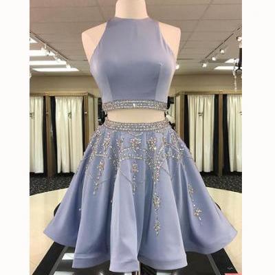 Two Pieces A-line Jewel Sleeveless Open Back Short Prom Dress Beaded Homecoming Dresses,Short Prom Dress,Party Dresses,H157