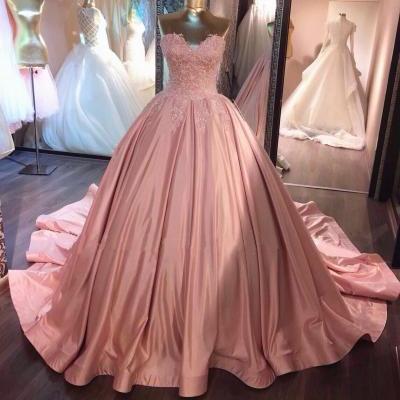 Unique Pink Sweetheart Sleeveless Lace Appliques Ball Gown Prom Dresses,Sweet 16 Dress,Quinceanera Dresses,P106