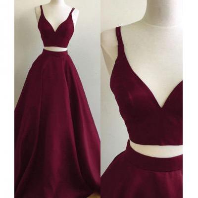 Burgundy Two Piece Straps Sleeveless V Neck Satin Prom Dress,A-line Puffy Evening Gowns,Prom Dress Long,P116