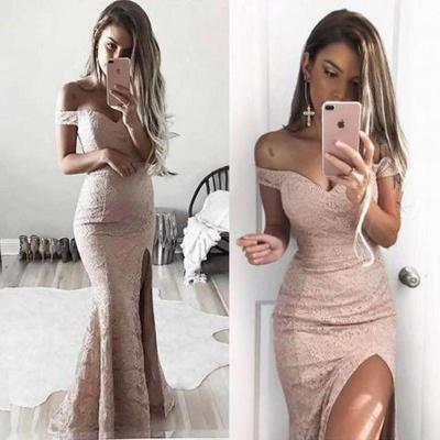 Sexy Off the Shoulder Lace Mermaid Side Slit Prom Dresses,Long Prom Dresses,Floor-length Evening Dresses,P120