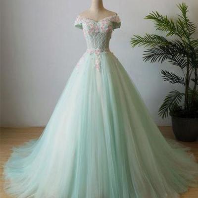 Mint Green Off the Shoulder Ball Gown Tulle Prom Dress,Tulle Evening Dresses with Hand-made Flowers,P121