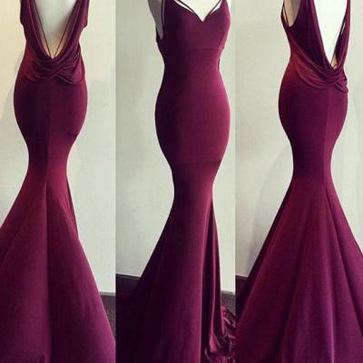 Spaghetti Straps Mermaid V-neck Sleeveless Prom Dress,Sexy Backless Evening Dress,Maroon Trumpet Formal Gown,P178