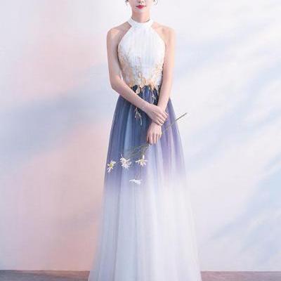 Gradient Purple A Line Sleeveless Jewel Tulle Long Prom Dress,Elegant Floor Length Evening Dress with Appliques P254