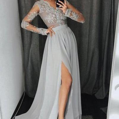 See-through Lace Top Silver Prom Dresses Chiffon Long Sleeve Evening Dress with Slit, Sexy V Neck Long Sleeves Evening Dress P257