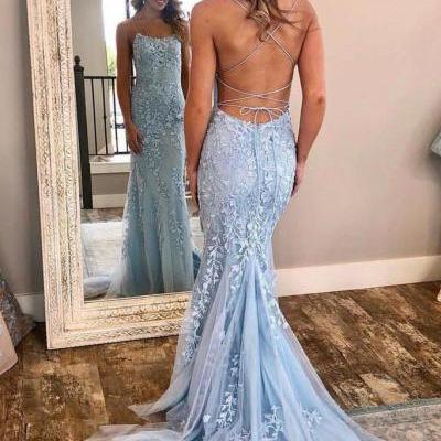 Spaghetti Strap Light Sky Blue Mermaid Prom Dresses, Backless Formal Dress, Hot Selling Prom Dress P363