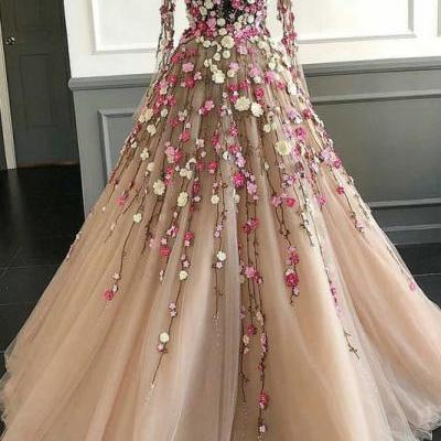 Puffy Long Sleeves Tulle Prom Dress with Lace Flowers, Long Party Dress with Beautiful Flowers P370
