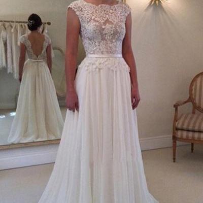 A-line Lace Appliqued Cap Sleeves Ivory Chiffon Long Beach Wedding Dresses,W052