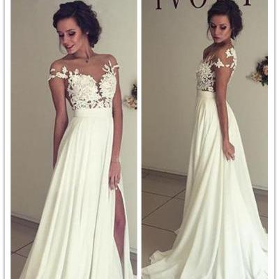 A Line See-through Bateau Lace Appliqued Floor length Beach Ivory Wedding Dress,Off the Shoulder Party Prom Dresses