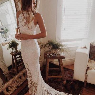 Romantic Boho Wedding Dresses,Beach Wedding Dress,High Neck Wedding Gowns,Mermaid White Dress,Princess Backless Lace Skirt Wedding Gowns
