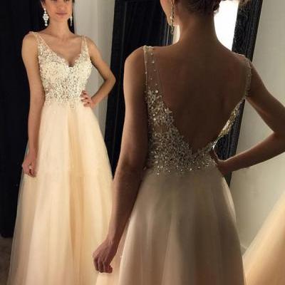 Newest V-Neck Appliques Prom Gown,Beaded Long A-line Beige Tulle Prom Dresses 2017