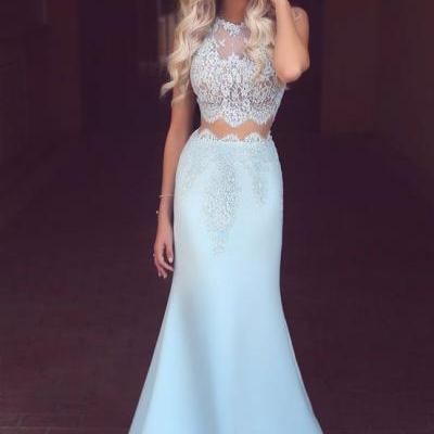 Light Blue Satin Prom Dress,white Lace See-through Mermaid Long Prom Dresses