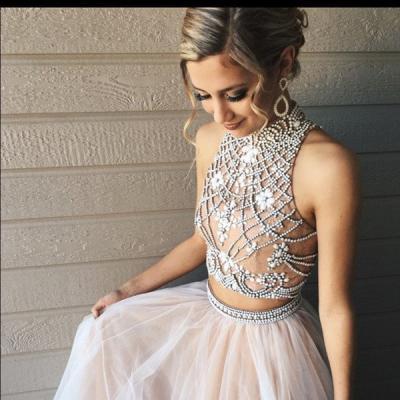 Two Piece Prom Dresses,A line Tulle Prom Dress with Beads,Fashion High Neck Prom Dress