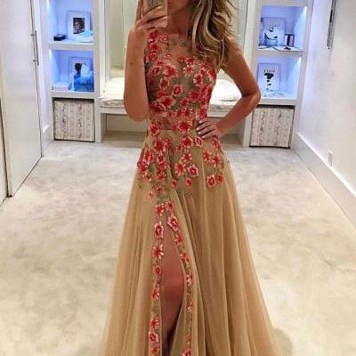 Unique Tulle Prom Dress,Applique Long Prom Dress With Side Slit,Sleeveless Prom Dress,Formal Dress,Prom Dresses 2017