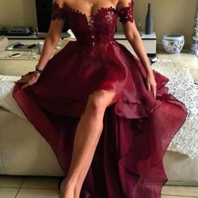 2017 Organza Prom Dresses,Sexy Hi-low Prom Dress,A-line Off-the-shoulder Backless Prom Dresses,Appliques Lace Backless Prom Dresses