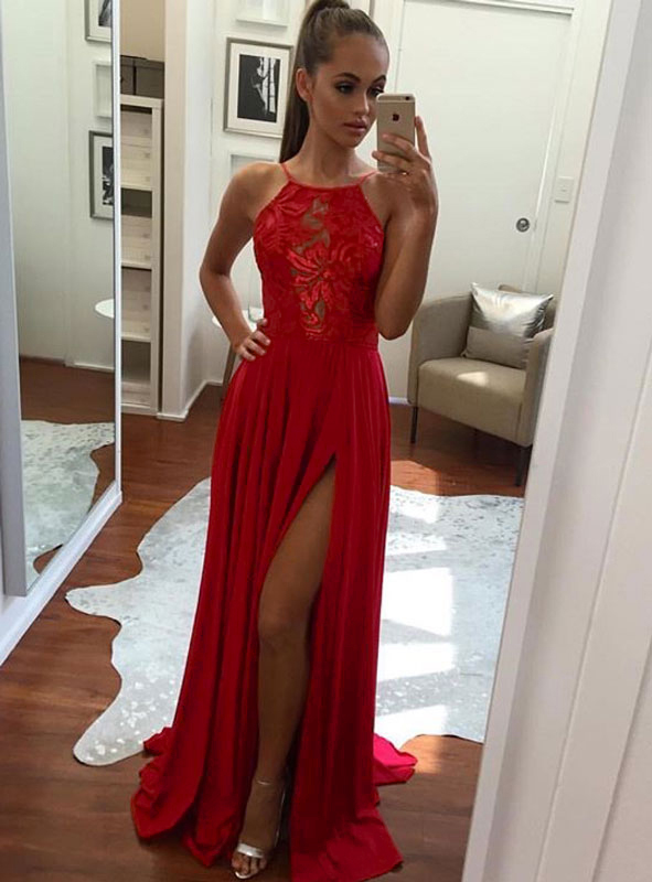 Unique Prom Gown,a-line Halter Prom Dress,sexy Split-front Evening Dress,red Chiffon Prom Dresses 2017,long Prom/evening Dress,long Prom