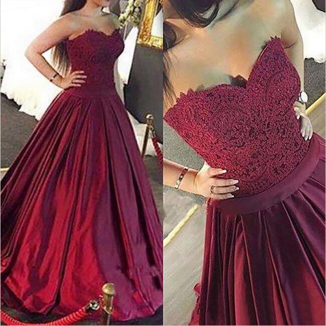 A-line Prom Dress,ball Gown Prom Dresses,glamorous Sweetheart Evening Dress,sweep Train Burgundy Satin Prom Dress With Lace, Strapless Prom