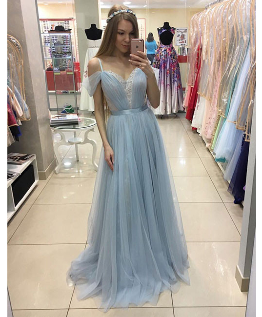 Glamorous Prom Dress,a-line Off-shoulder Prom Gowns,light Blue Prom Gown,tulle Lace Long Evening Dress,long Formal Dress,long Evening