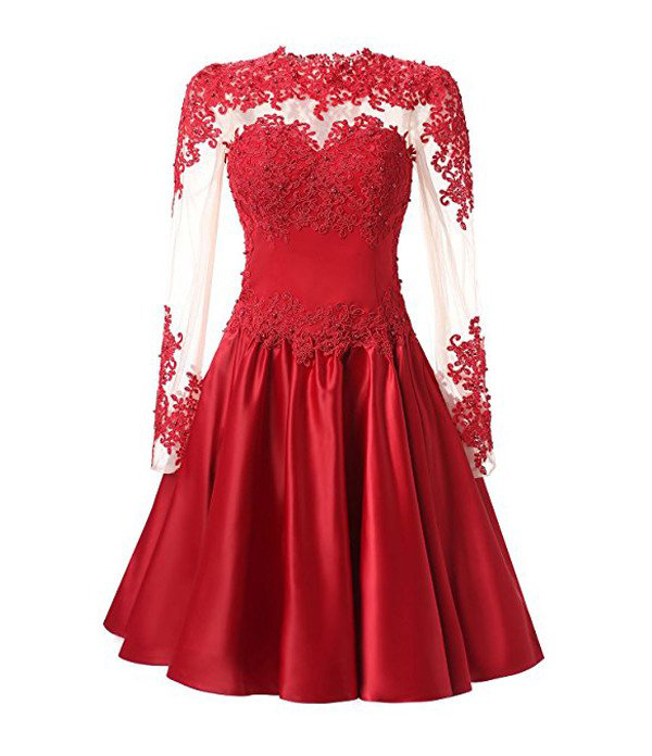 A Line Homecoming Dress,long Sleeves Short Prom Dress With Applique,see Through Cocktail Homecoming Dresses,short Red Stain Graduation Gowns,h005