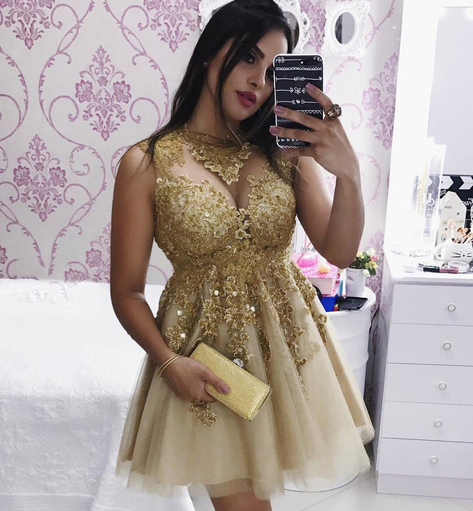 Gold Homecoming Dresses,short Sleeveless With Lace Appliqued,mini Homecoming Dresses,sexy Short Tulle Prom Dresses,graduation Dresses,gold