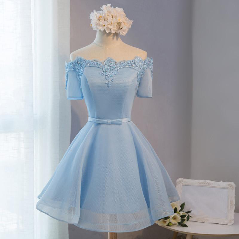 Elegant Homecoming Dress,a-line Off-the-shoulder Short Prom Dresses,above-knee Blue Homecoming Dress With Belt,appliqued Prom Dress,graduation