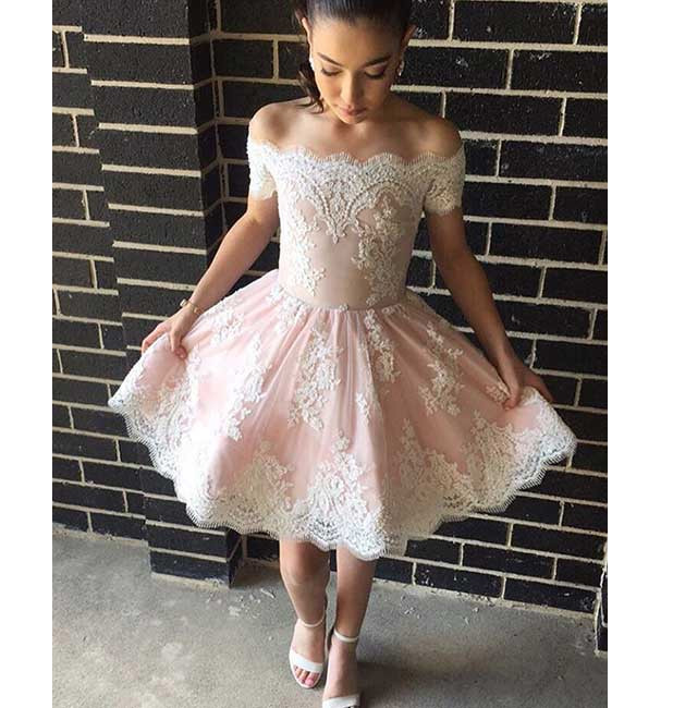 Off The Shoulder Homecoming Dress,cute A-line Off-shoulder Prom Dress,lace Pink Short Homecoming/prom Dress,lace Cocktail Dresses,short Party