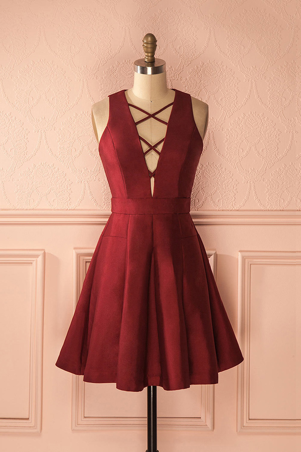 A-line Homecoming Dresses,v-neck Sleeveless Lace-up Short Prom Dress,short Burgundy Homecoming Gown,satin Homecoming Dress,simple Party Gown,h017