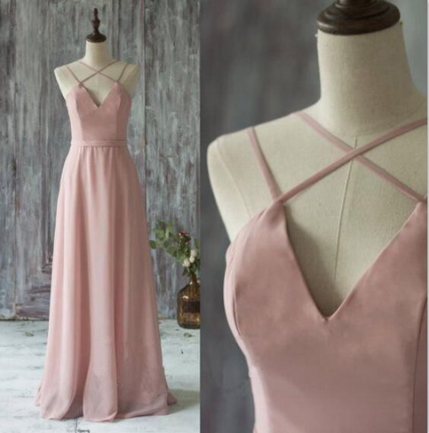 V-neck Bridesmaid Dress,chiffon Dress With Satin Top,straps Prom Dress,bridesmaid Gown,floor-length Bridesmaid Dress,long Prom Dress,prom