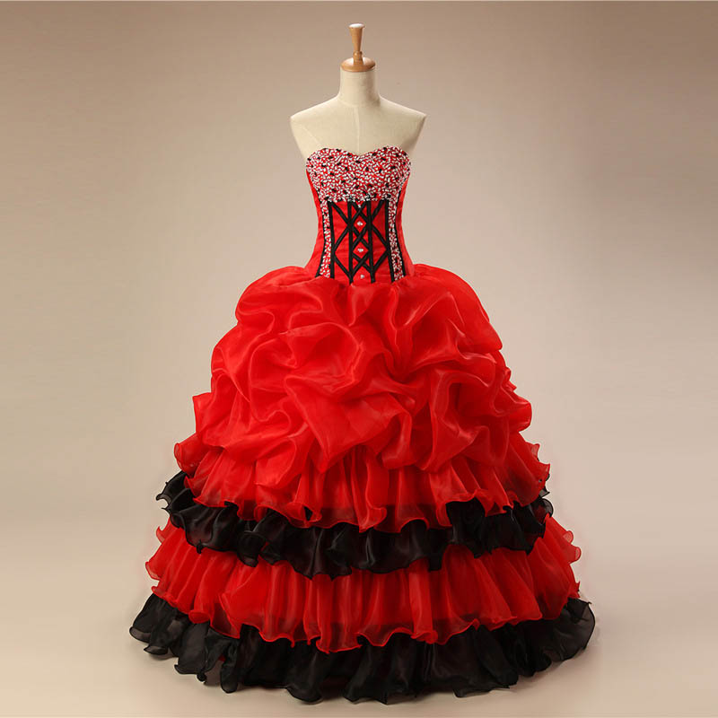 Strapless Quinceanera Dresses,red And Black Organza Quinceanera Dress,big Strapless Quinceanera Dresses,party Dresses,graduation