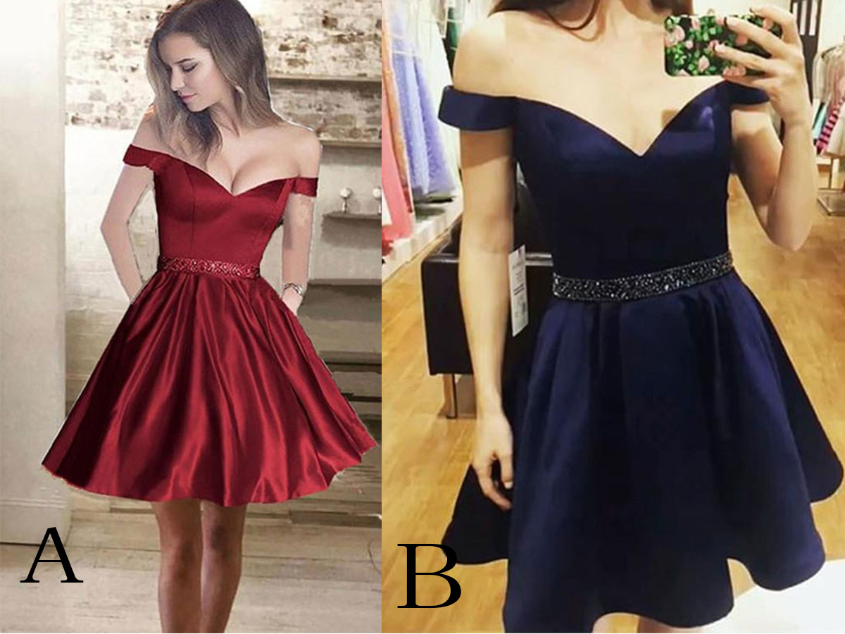 A Line Off The Shoulder Blue Satin Bow Homecoming Dress main image 1
