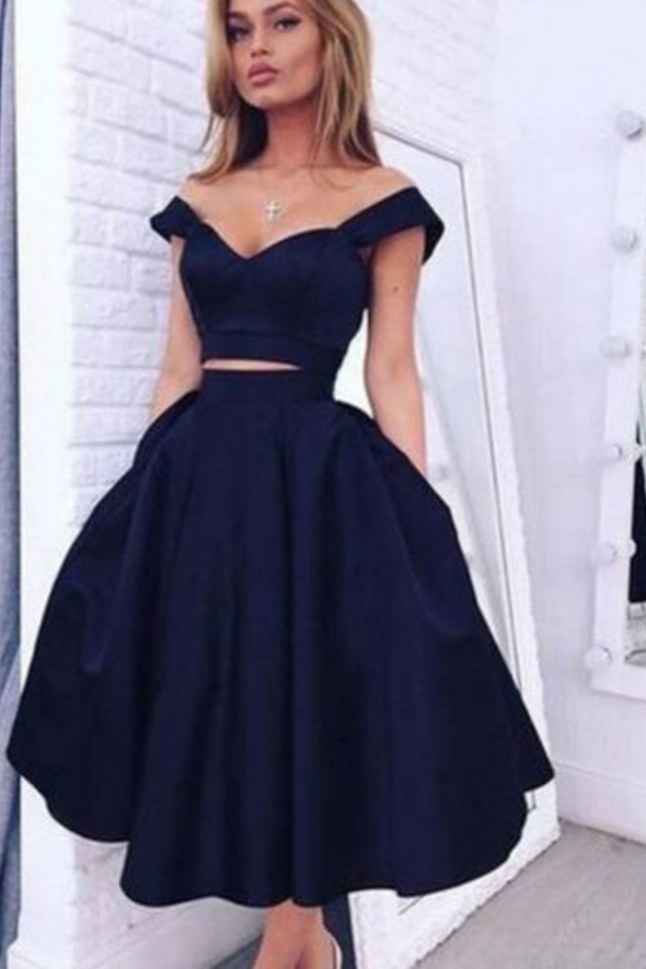 Vintage Style Short Prom Gown,a-line Two-piece Navy Blue Homecoming Dress, Two Piece Prom Dresses,short Homecoming Gown,h034