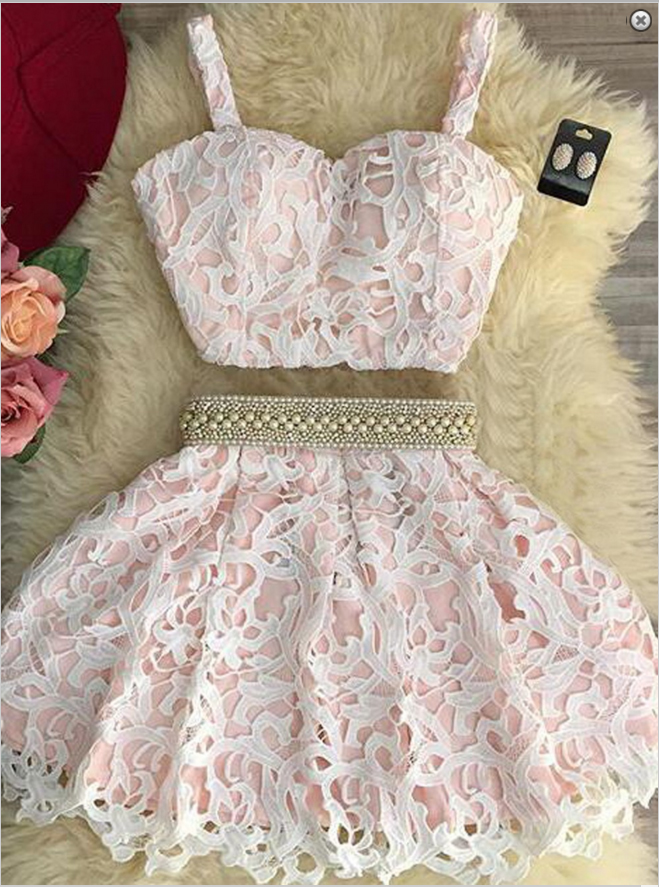 Two Piece Prom Dress,a-line Sweetheart Mini Pink Lace Homecoming Dress,straps Homecoming Gown,short Prom Gown,sweet 16 Dresses,graduation