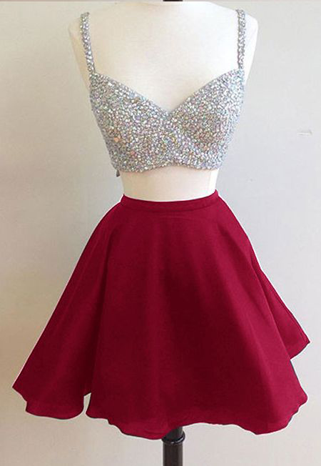 Two-piece Homecoming Dress Featuring Sequins Sweetheart Shoulder Straps Crop Top And Chiffon Short Skirt