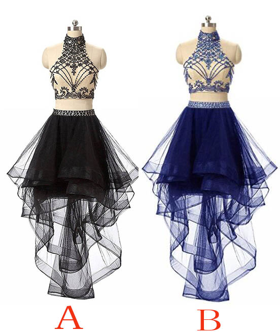 Unique Black Tulle High Neck Homecoming Dress,high-low Beading Short Prom Dress,evening Dresses For Teens,two Piece Prom Dress,royal Blue