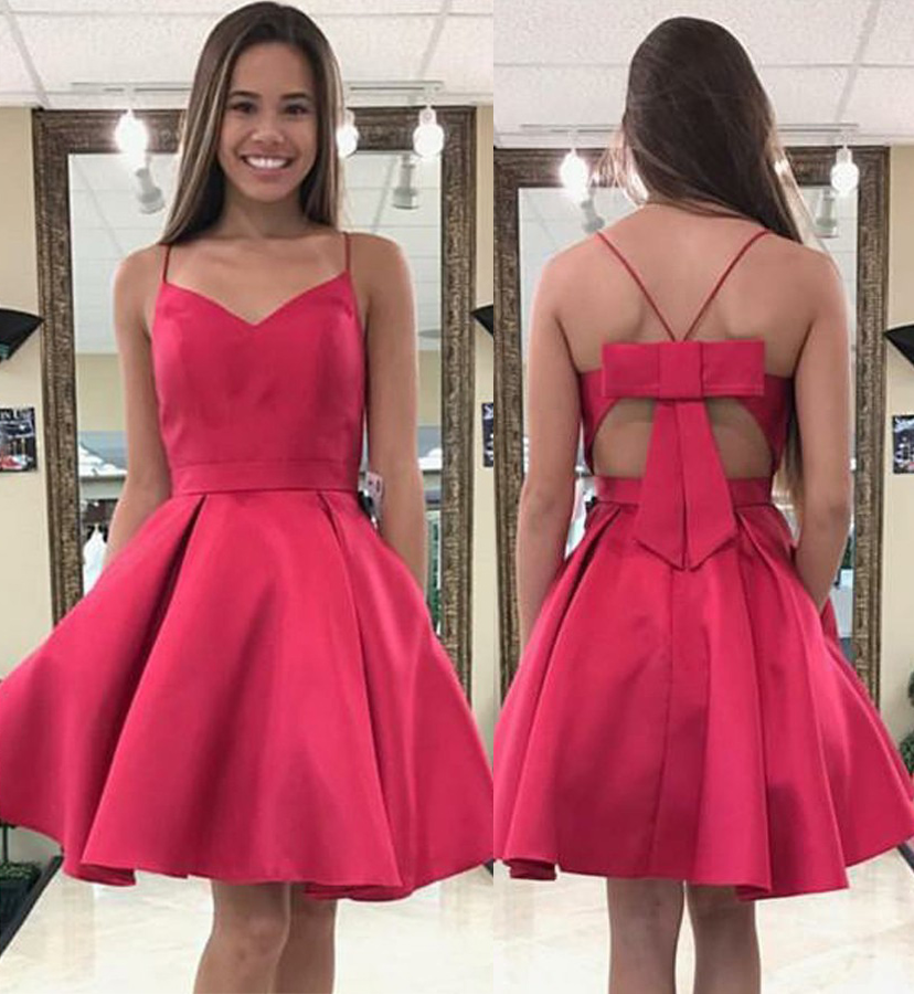 Cute Prom Dress,spaghetti Straps Short Homecoming Dress,sexy Junior Bow Back V-neck Party Dress,satin Cocktail Dress,sweet 16 Dresses,h080