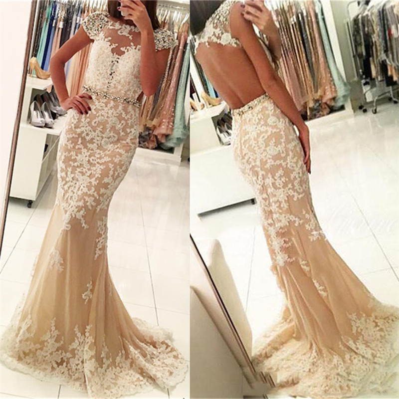 Appliqued Crystals Prom Gown,beading Short Sleeve Formal Evening Dress,mermaid Lace Tulle Open Back Long Prom Dress,p088