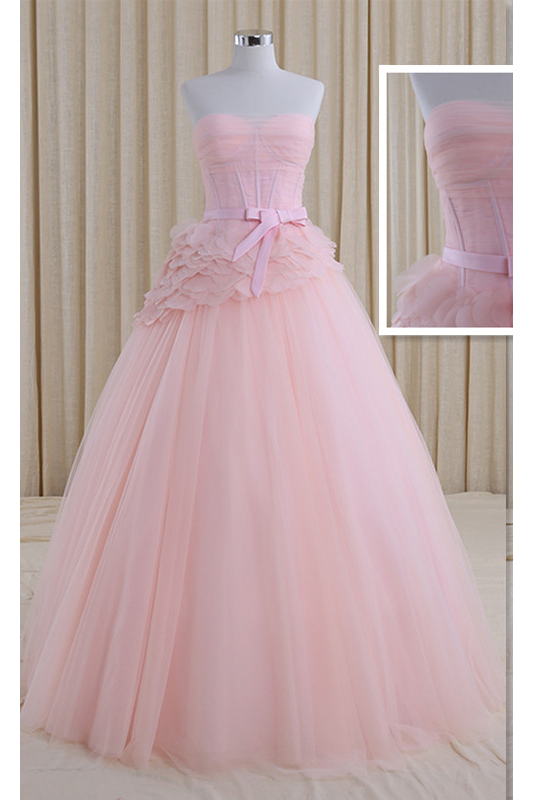Romantic A-line Strapless Lace-up Bridal Dresses Floor-length Beach Wedding Dress,princess Pink Wedding Dresses,tulle Ball Gown Wedding Dress