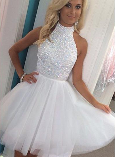 White Beading Homecoming Dress Sexy Halter Tulle Short Prom Dress Party Dress,white Cocktail Dress With Beads,mini Beaded Party Dress,h087