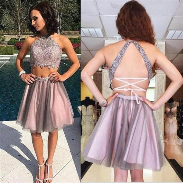 Two-piece Halter Backless Homecoming Dresses,short Brown Homecoming Dress With Beading,sleeveless Graduation Dress,two Piece Prom Dress,h090