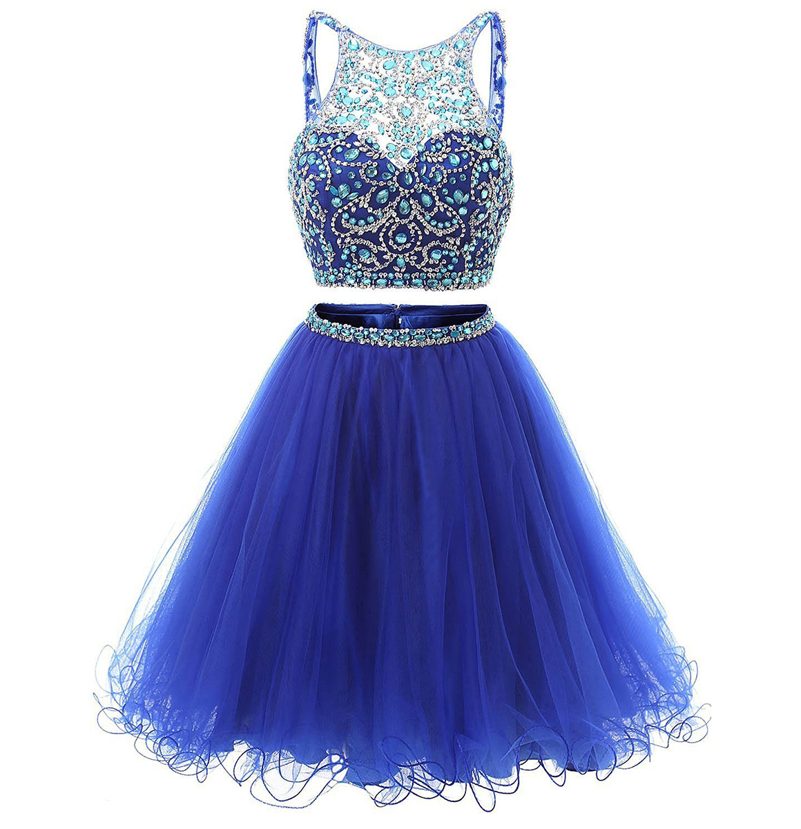Illusion Sequins Crystal Homecoming Dress,shining Two Piece Low Back Short Prom Dress,royal Blue Mini Tulle Homecoming Dress,h093