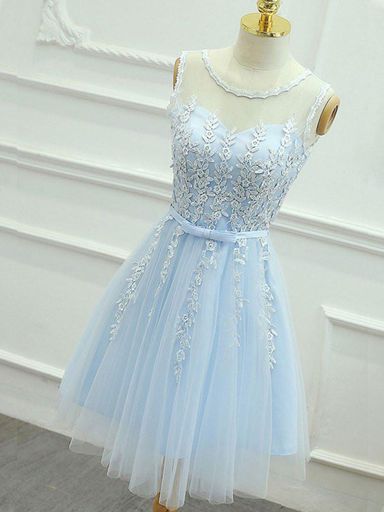 Light Blue Homecoming Dresses, Short Homecoming Dresses,appliqued Sleeveless Graduation Dress For Teens,sweet 16 Dress,h095