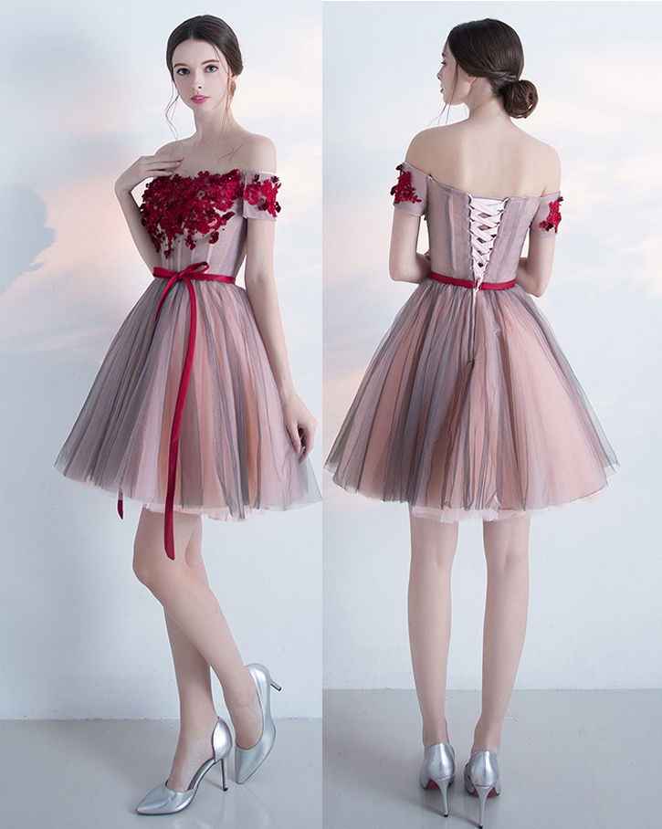 A-line Off-the-shoulder Cocktail Dress,homecoming Dress With Red Appliques,mini Dress With Belt,appliqued Party Dress,short Cocktail Dress,h096