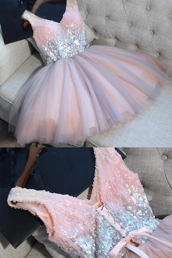 Sequined V-neck Sleeveless Homecoming Dress,sexy A-line Lace-up Short Tulle Prom Dress Party Dress,shinning Homecoming Dresses,h097