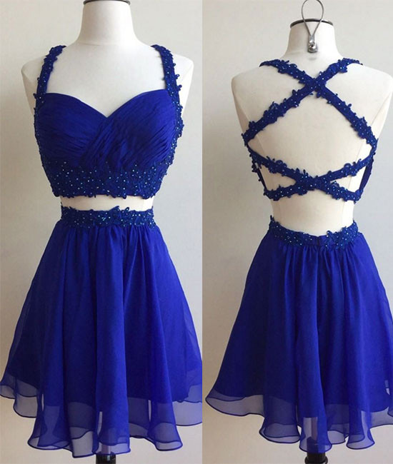 Royal Blue Two-piece Short Homecoming Dress With Backless Beading,two Piece Prom Dress,short Chiffon Prom Dress,straps Sweetheart Junior