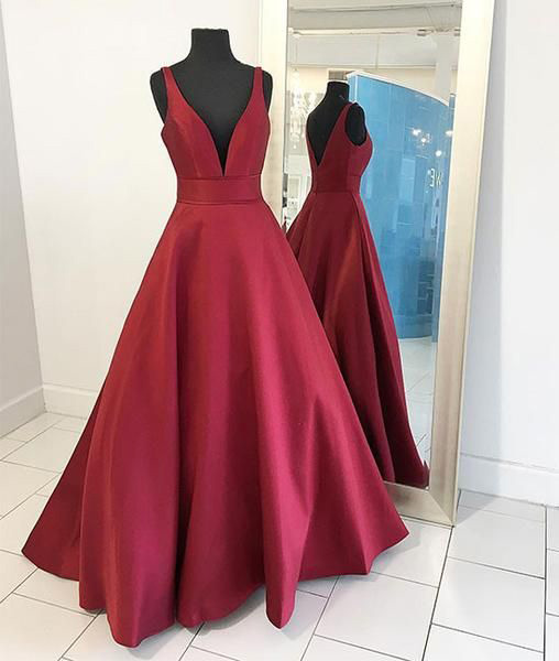Burgundy Deep V-neck Long Prom Dresses, Sleeveless Floor-length Prom Dress,burgundy Evening Dress,simple Satin Prom Dress,p091