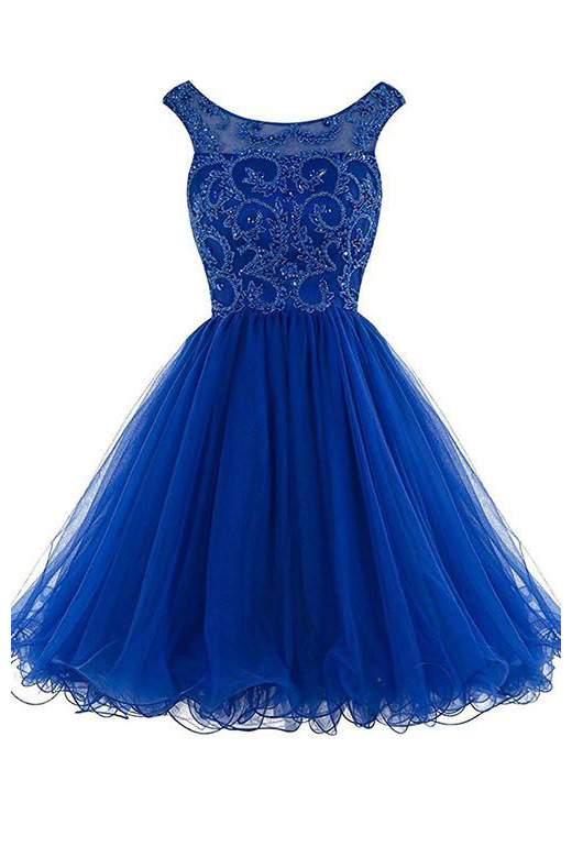 Royal Blue Sleeveless Tulle Homecoming Dresses,a-line Charming Homecoming Gown With V-back,royal Blue Party Dress,graduation Dress,h109