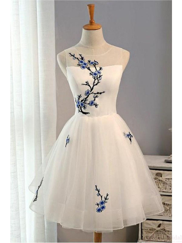 A Line Sleeveless Embroidery Homecoming Dresses Tulle Party Dresses Short Prom Dresses Cocktail Dresses Graduation Dresses,h114