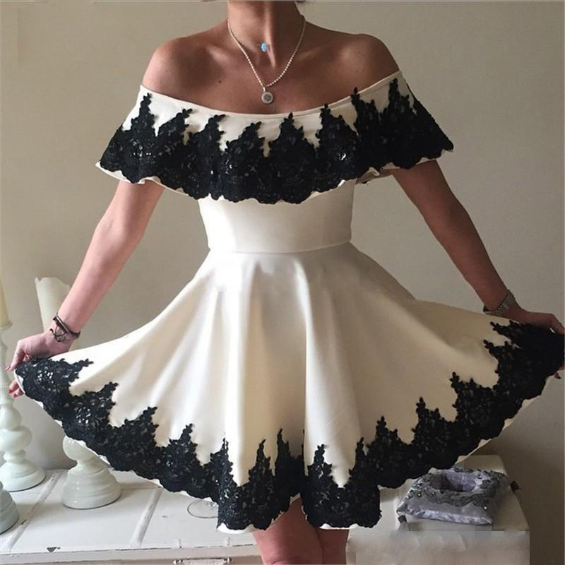 Elegant A-line Off-shoulder Short Homecoming Dress With Black Appliques,mini Ivory Homecoming Gown,short Satin Prom Gown,h117