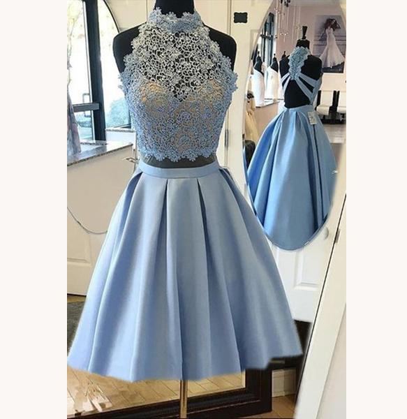 Sky Blue Halter Two Piece Homecoming Dresses,two Piece Prom Dress,open Back Sleeveless Short Prom Dress,lace Short Satin Party Dress,h119