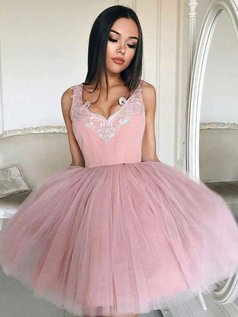 2017 Homecoming Dress Tulle Straps Appliques Short Prom Dress Party Dress,v-neck Blush Pink Sleeveless Homecoming Dress,h121