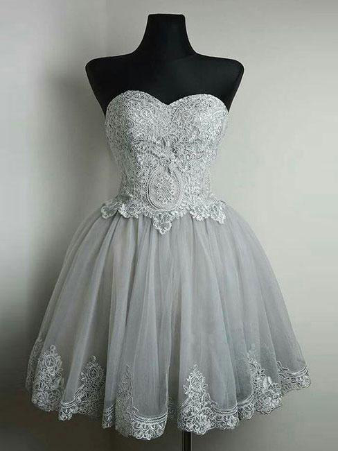 Strapless Sweetheart Neck Grey Homecoming Dresses,lace Appliqued Tulle Short Prom Dresses,mini Dress,short Formal Dress,sweet 16 Dress,h122